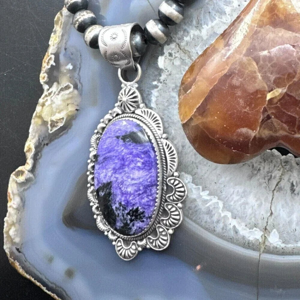 Sterling Southwestern Style Large Oval Charoite Decorated Pendant For Women